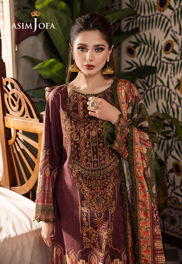 AJNR-07 Asim Jofa Rania Spring Summer Maroon Unstitched - Image 6