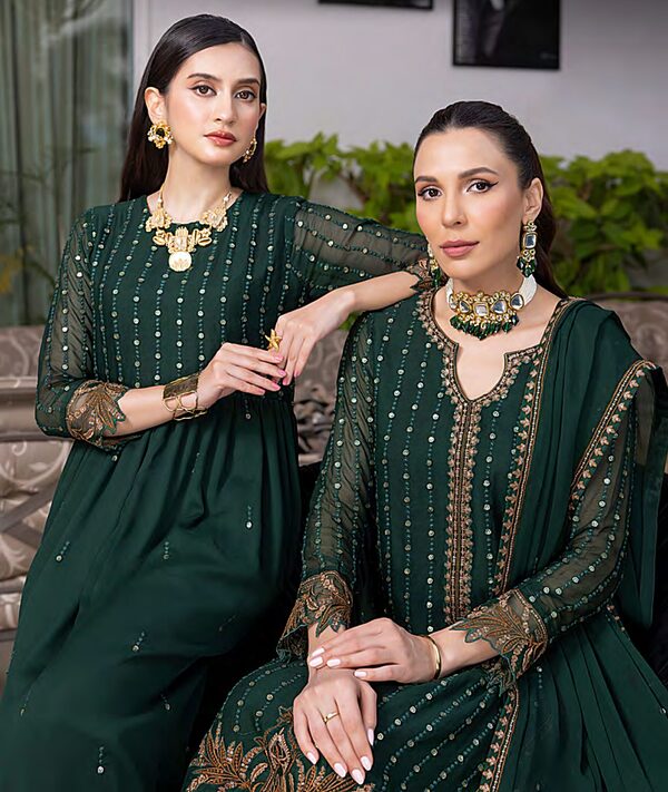 Merakish Luxury Sequins Embroidered Chiffon-Racing Green - Image 3