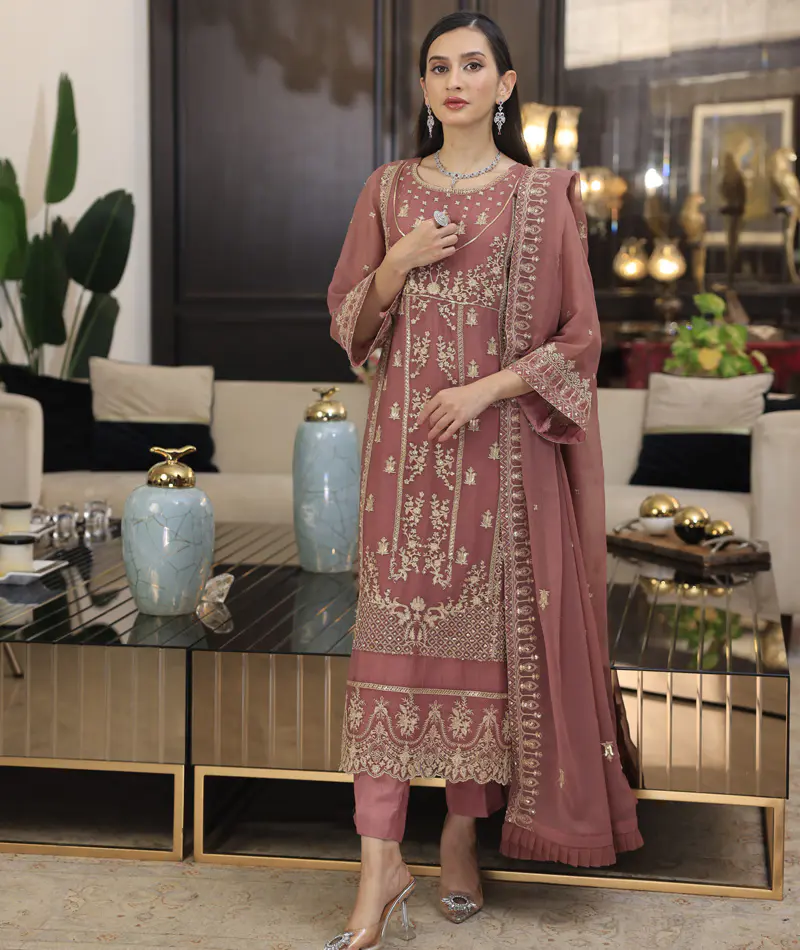 Merakish Luxury Sequins Embroidered Chiffon-Rose Pink - Image 3