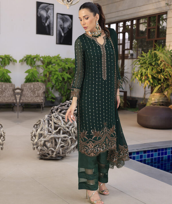 Merakish Luxury Sequins Embroidered Chiffon-Racing Green - Image 6