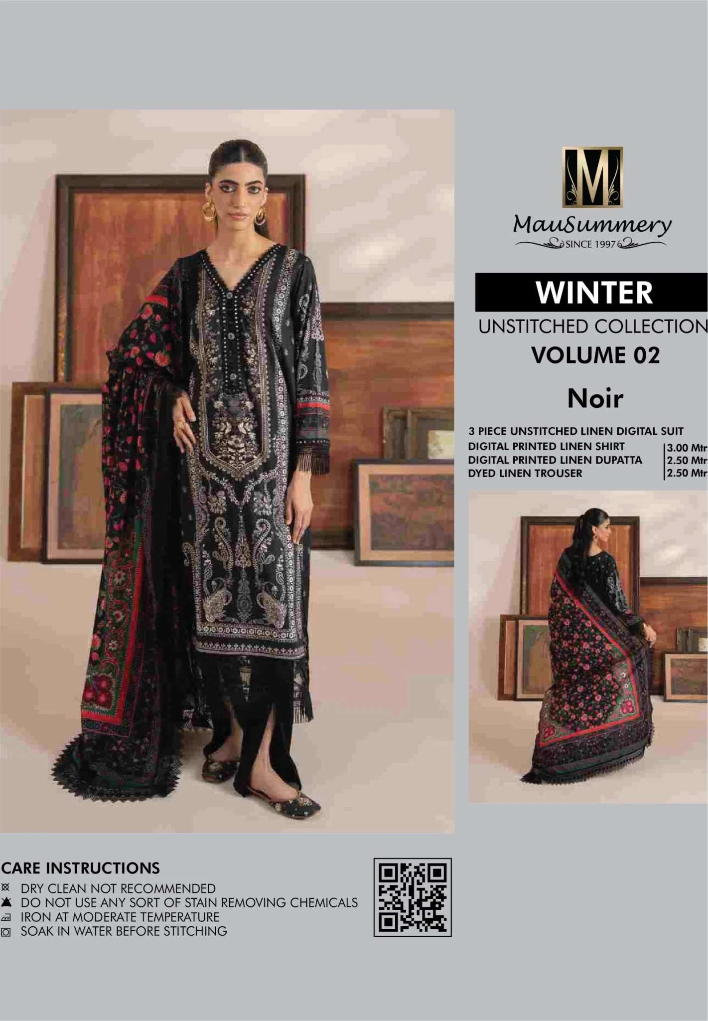 Mausummery Digital Print Linen Winter Unstitched - Noir - Image 4