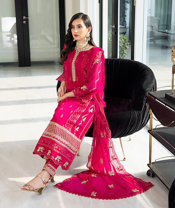 Merakish Luxury Embroidered Chiffon Unstitched-French Rose - Image 5