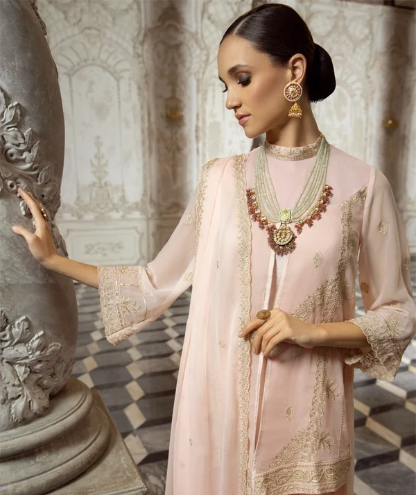 Merakish Luxury Sequins Embroidered Chiffon-Candle Peach - Image 3