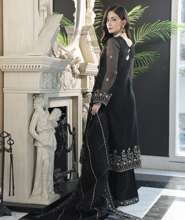 Merakish Luxury Embroidered Khaadi Net Suit-Midnight Black - Image 2