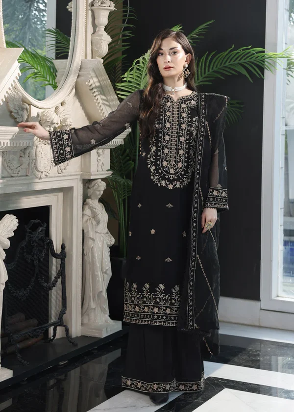 Merakish Luxury Embroidered Khaadi Net Suit-Midnight Black - Image 4