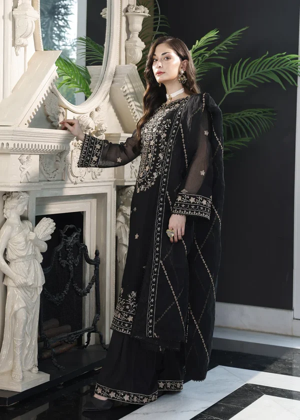 Merakish Luxury Embroidered Khaadi Net Suit-Midnight Black - Image 7