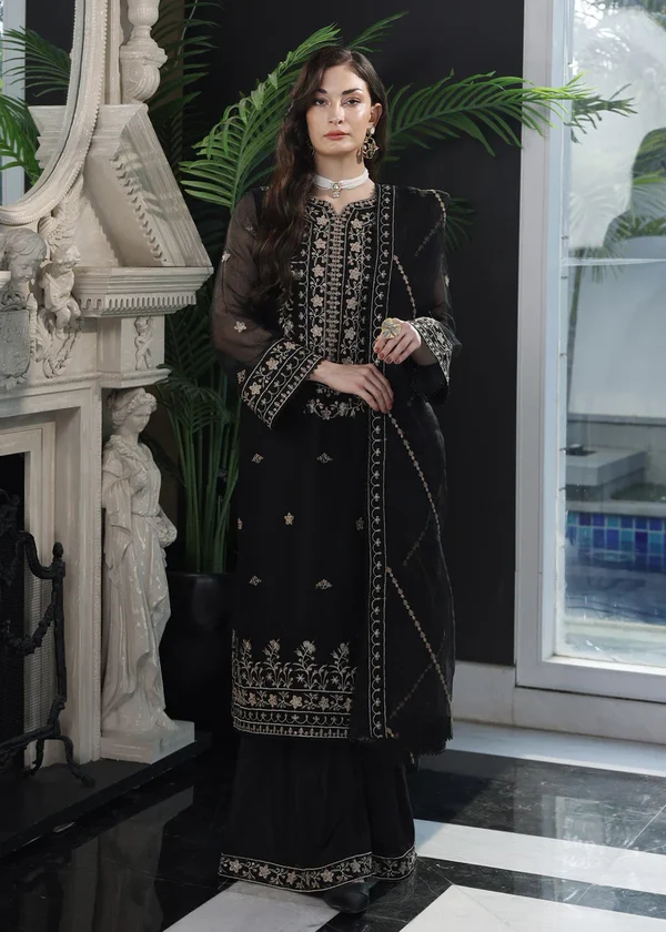 Merakish Luxury Embroidered Khaadi Net Suit-Midnight Black - Image 8