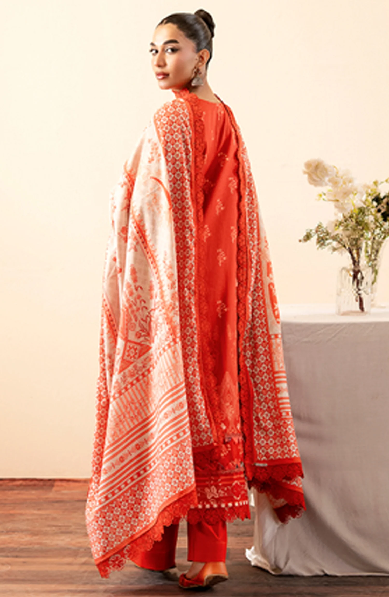 Mausummery Printed Khaddar Winter Unstitched - Coral - Image 2